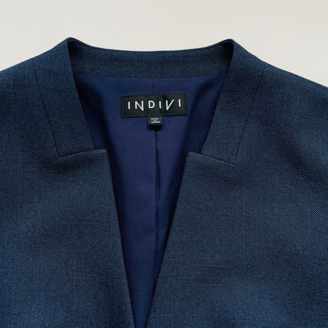 インディヴィ ノーカラー ワイドパンツスーツ ネイビー ストレッチ 洗える