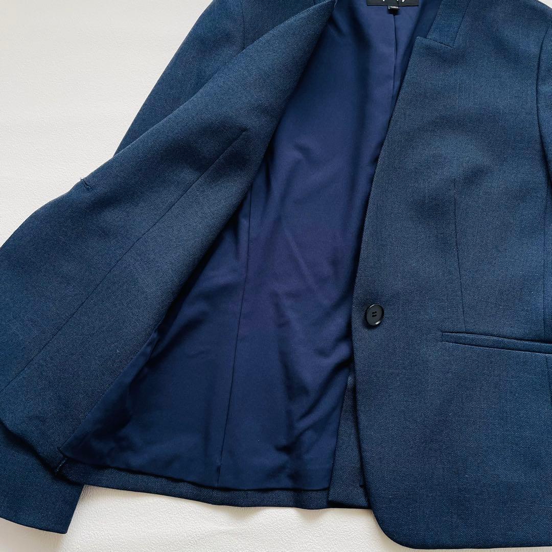 インディヴィ ノーカラー ワイドパンツスーツ ネイビー ストレッチ 洗える