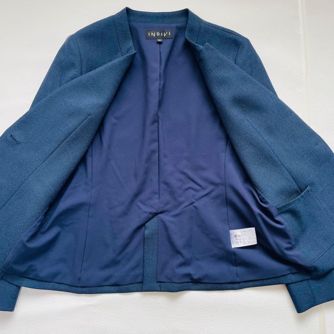 インディヴィ ノーカラー ワイドパンツスーツ ネイビー ストレッチ 洗える