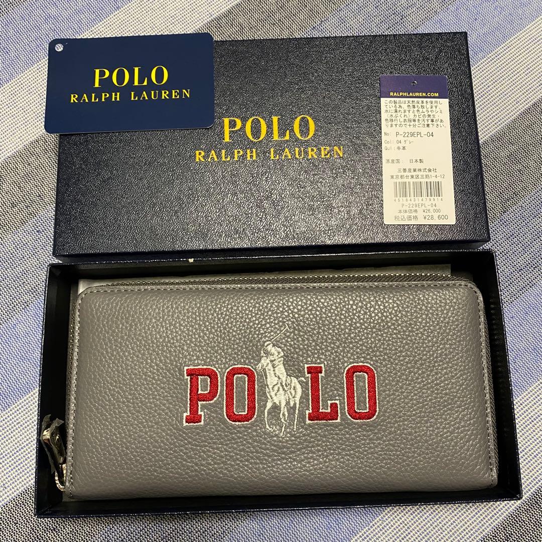 【新品】POLO RALPH LAUREN POLO刺繍 レザー長財布 グレー