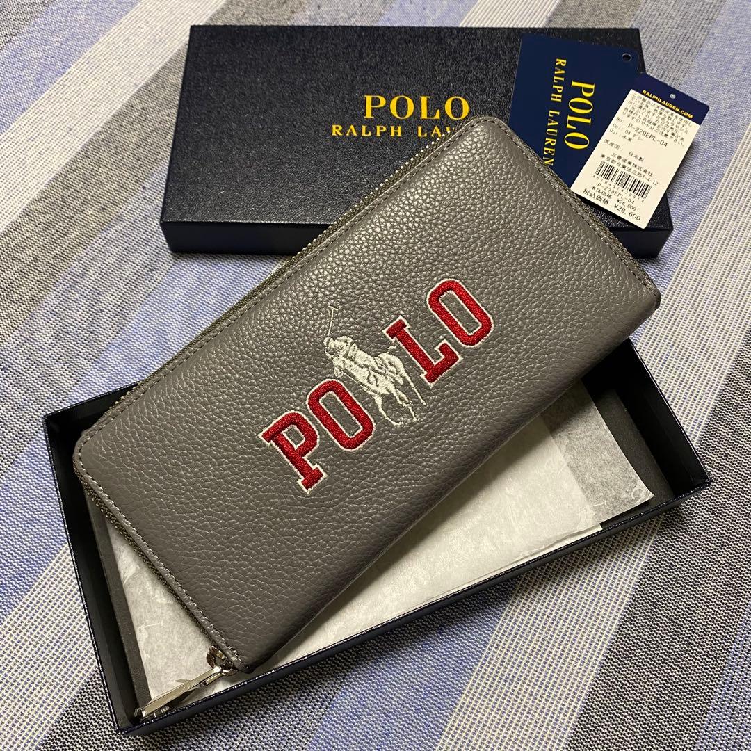 【新品】POLO RALPH LAUREN POLO刺繍 レザー長財布 グレー