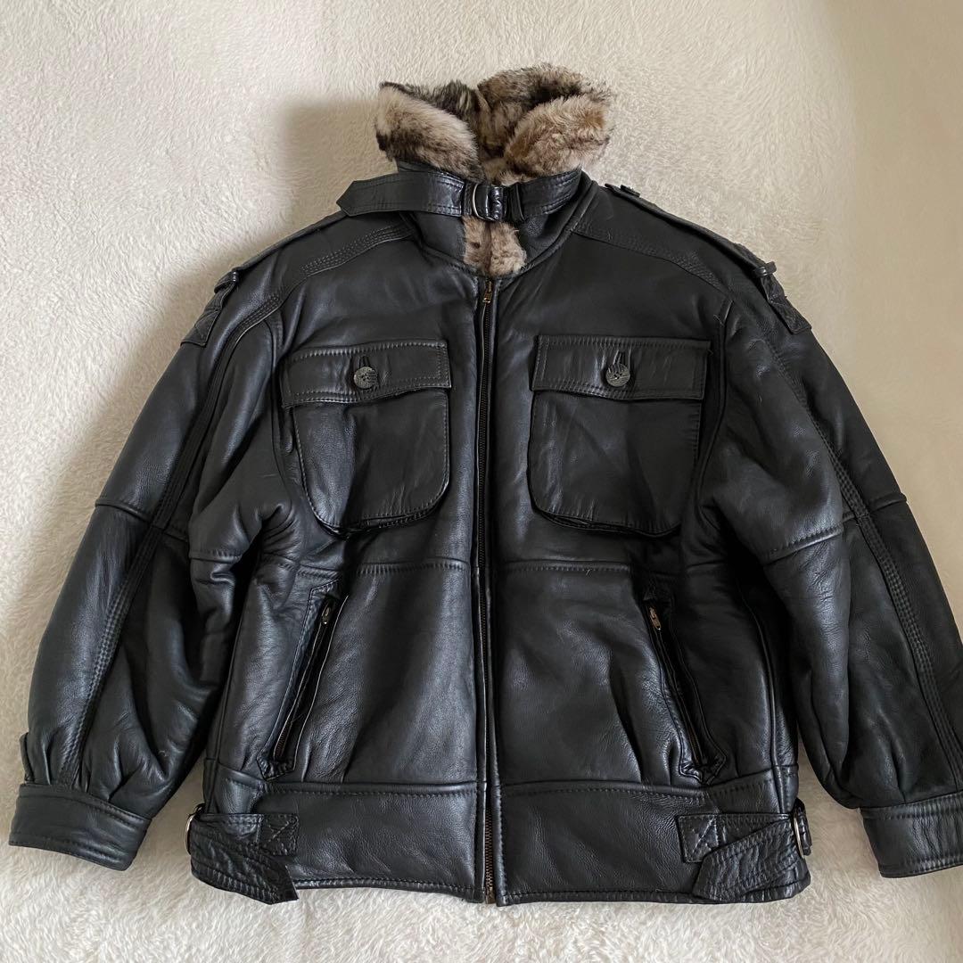 【美品】スペイン製　リアルムートン　レザーフライトジャケット　ブラック　L