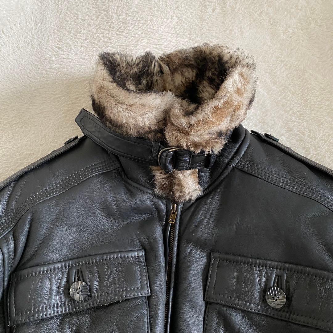 【美品】スペイン製　リアルムートン　レザーフライトジャケット　ブラック　L