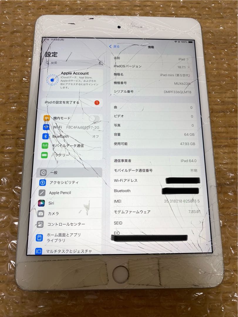 【ジャンク】iPad mini 5 64GB シルバー SIMフリー