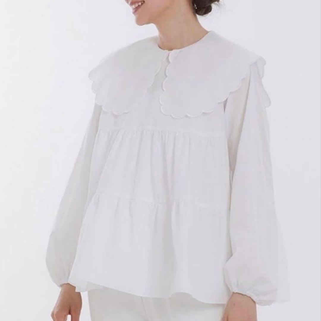 美品✨ yori 【Free size】 スカラップロングスリーブブラウス 白