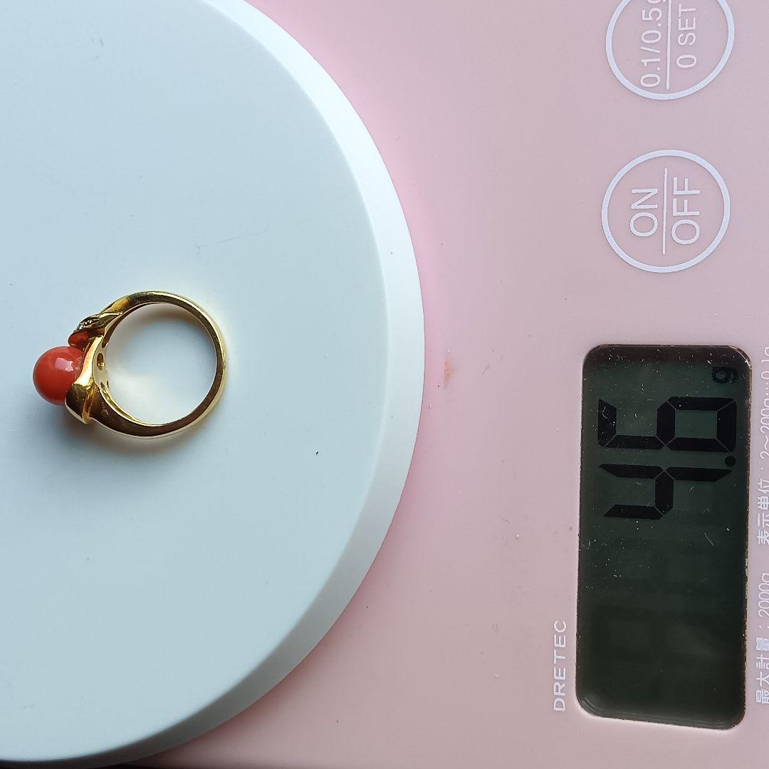 赤サンゴ珊瑚径８ミリ付　リングK１８　内径約１６mm重量合計４.６g