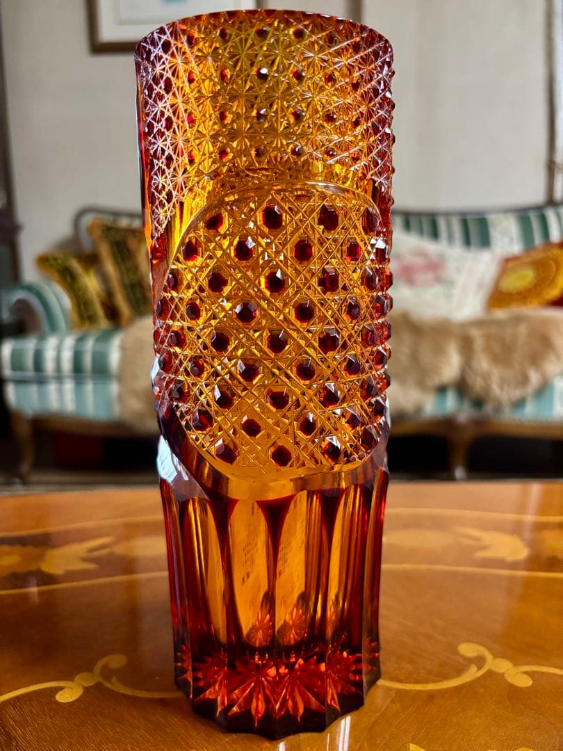門脇硝子加工所　江戸切子　花瓶 オレンジと琥珀色