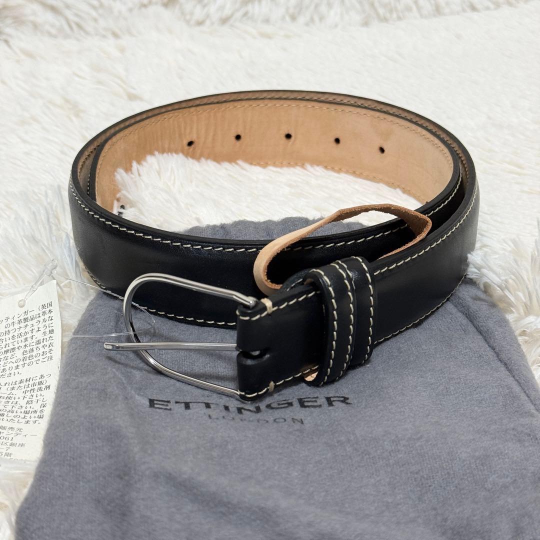 【美品】エッティンガー　スリムバックルベルト　オフホワイトステッチ　80
