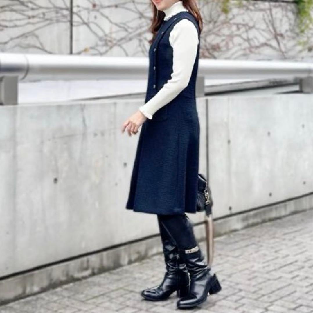 エムプルミエ タートル フリルリブニットプルオーバー　ブラック