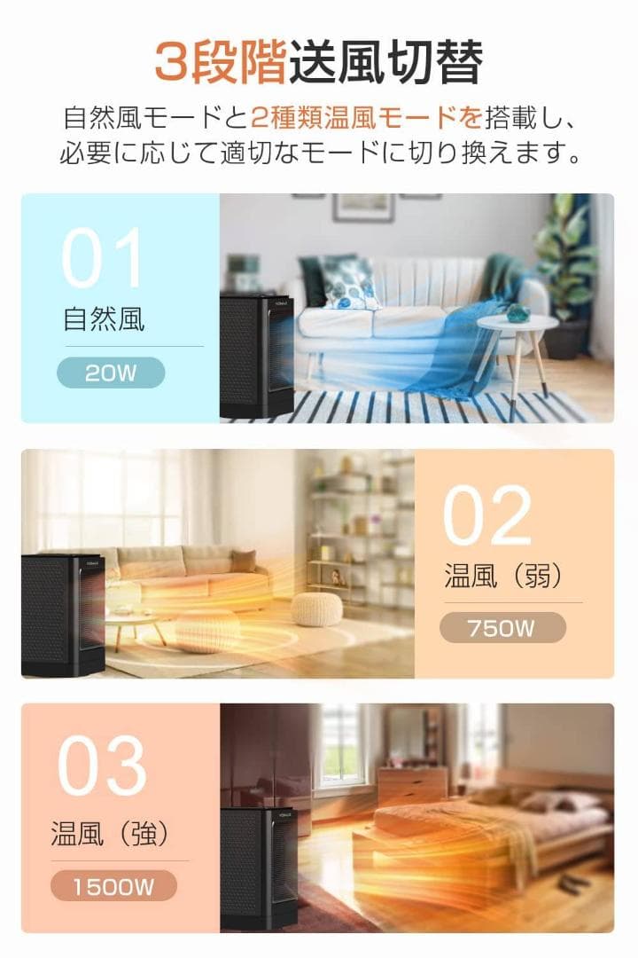 瞬間速暖 / 電気ファンヒーター / 自動首振り / タイマー機能