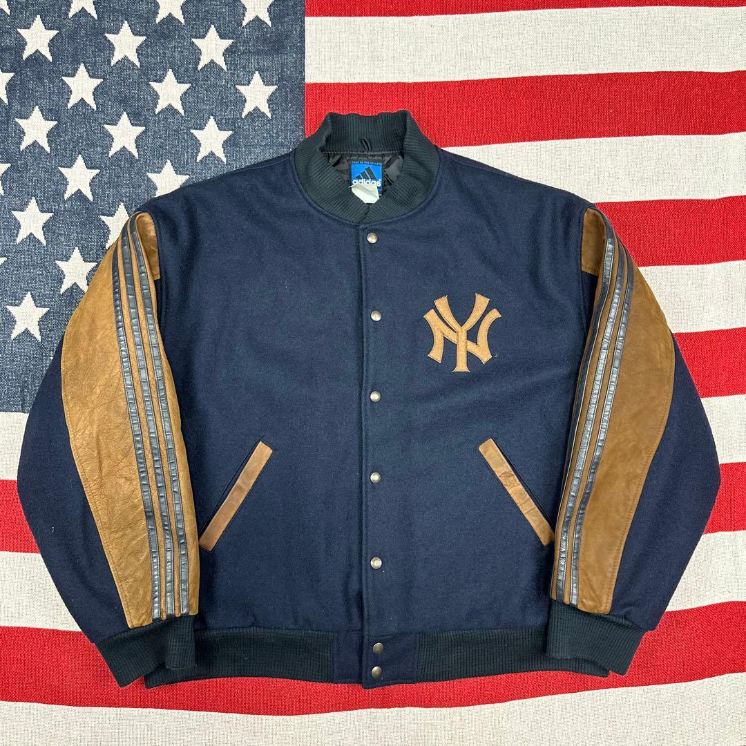 超希少 MLB 刺繍 ヤンキース カナダ製 レザー ボンバージャケット ウール