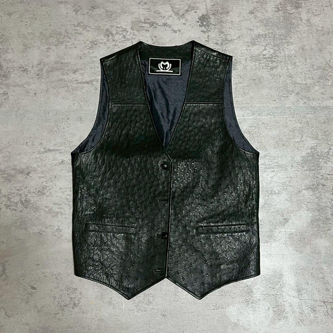 イタリア製 レザー ベスト オーストリッチ 型押し ブラック メンズ
