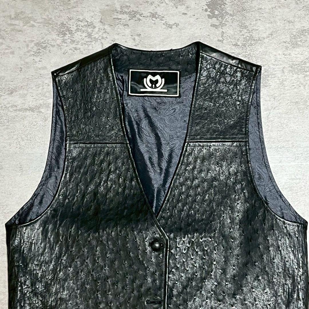 イタリア製 レザー ベスト オーストリッチ 型押し ブラック メンズ