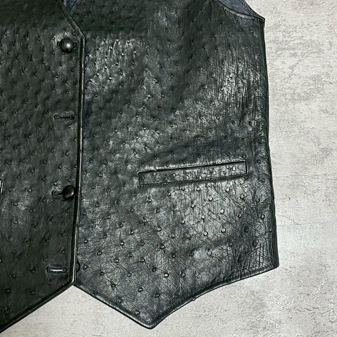 イタリア製 レザー ベスト オーストリッチ 型押し ブラック メンズ