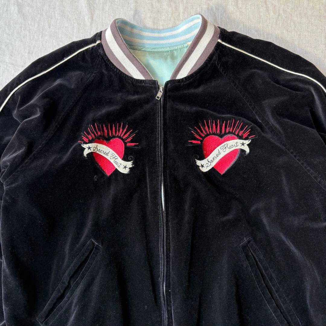 AVIREX アヴィレックス ベロア ハート スカル スカジャン 刺繍 水色