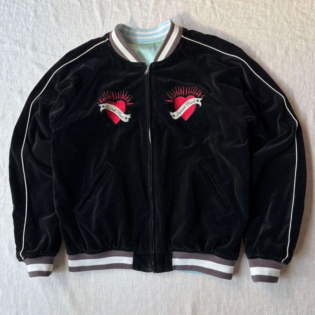 AVIREX アヴィレックス ベロア ハート スカル スカジャン 刺繍 水色