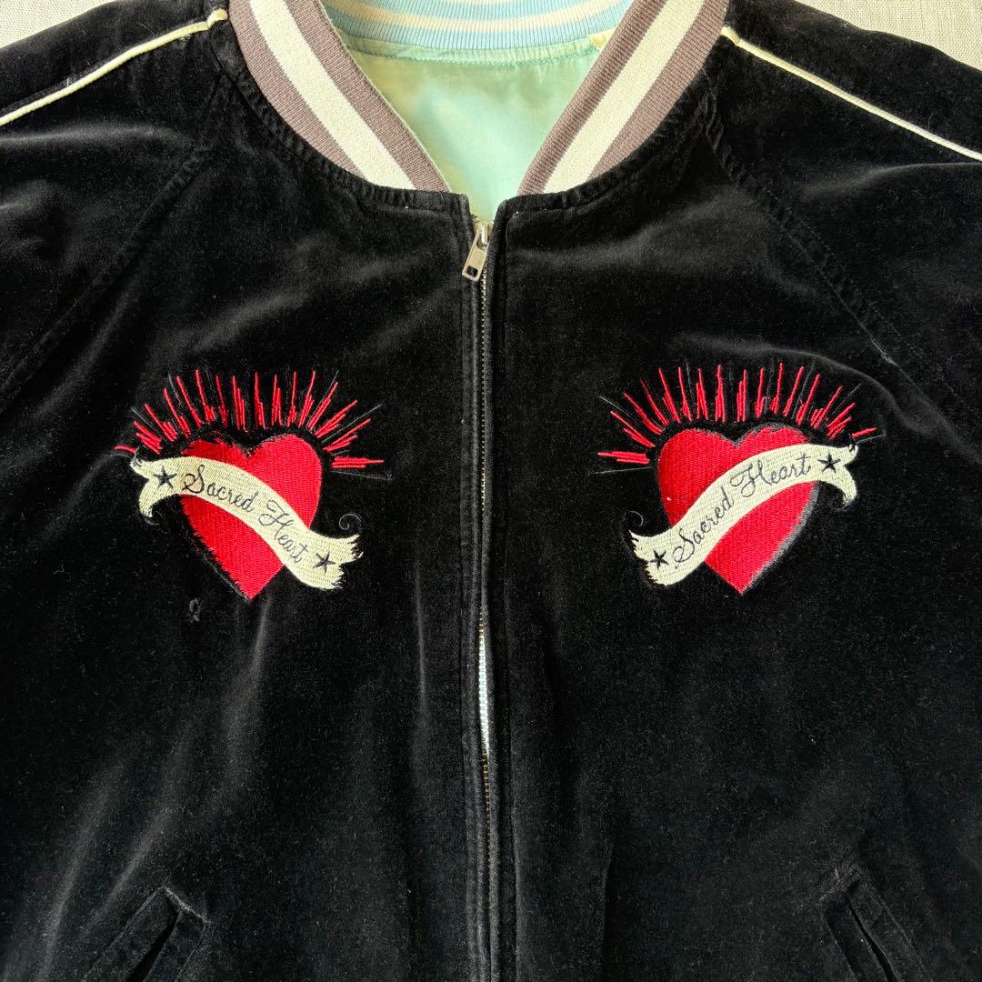 AVIREX アヴィレックス ベロア ハート スカル スカジャン 刺繍 水色