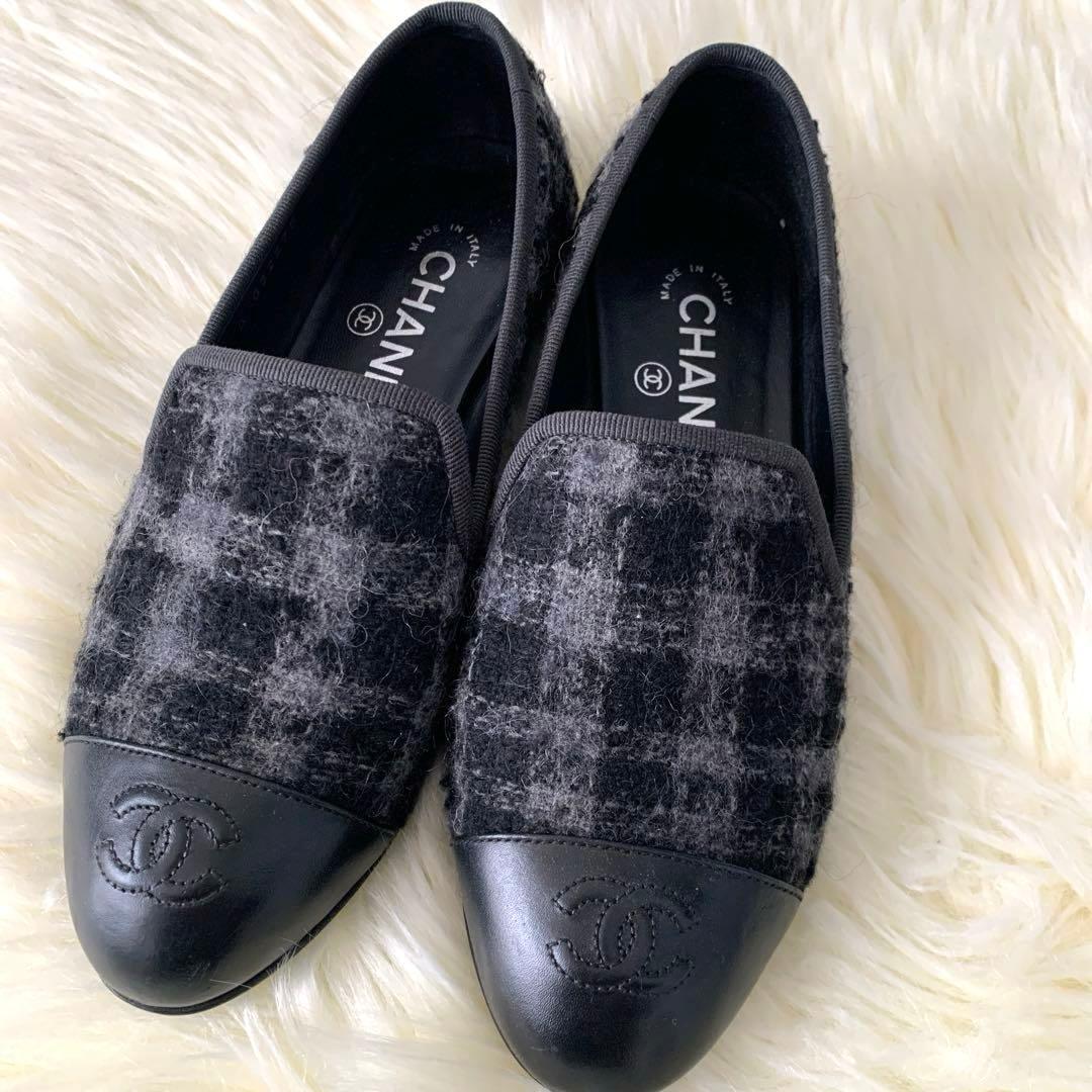 CHANEL チェック柄ツウィードパンプスフラットシューズ351/2 22.5