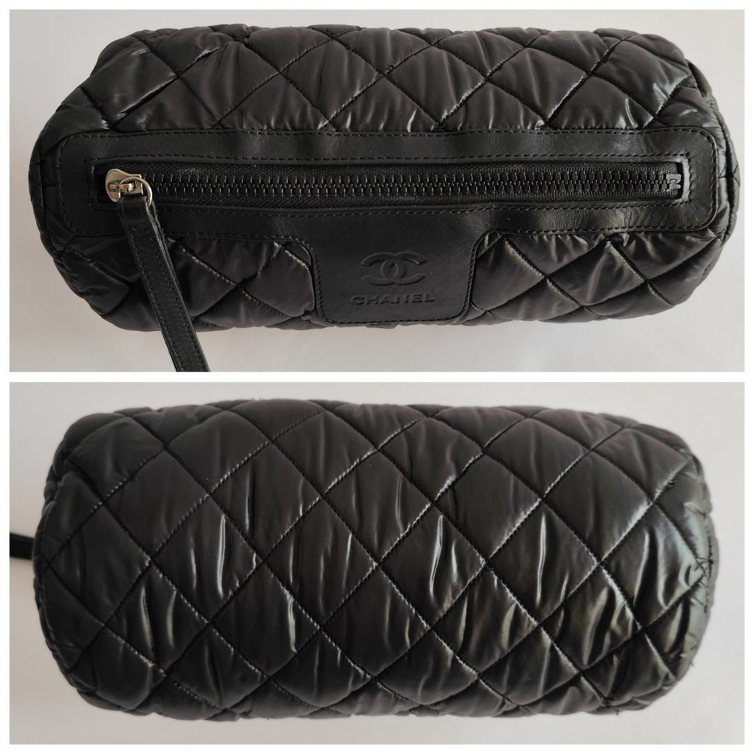 鑑定済良品シャネル コココクーン ナイロンポーチ 筒型 ポシェット 黒 13番台