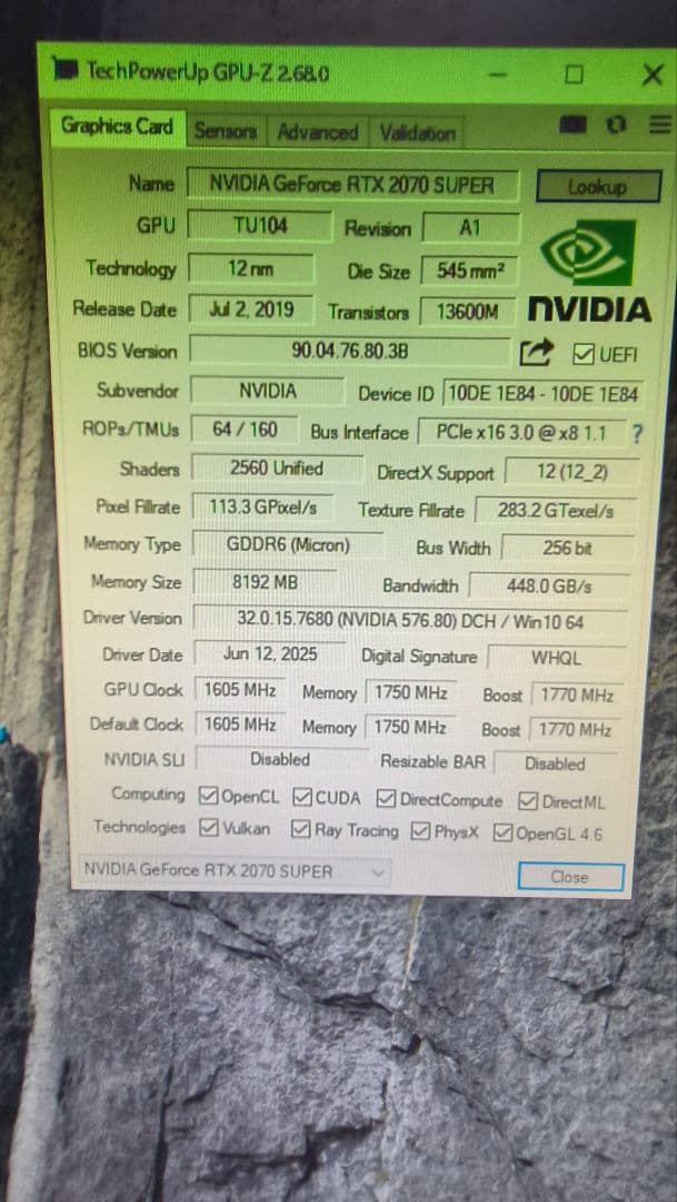 ジ*）様 PALIT RTX 2070 SUPER 8G 動作確認済み ①