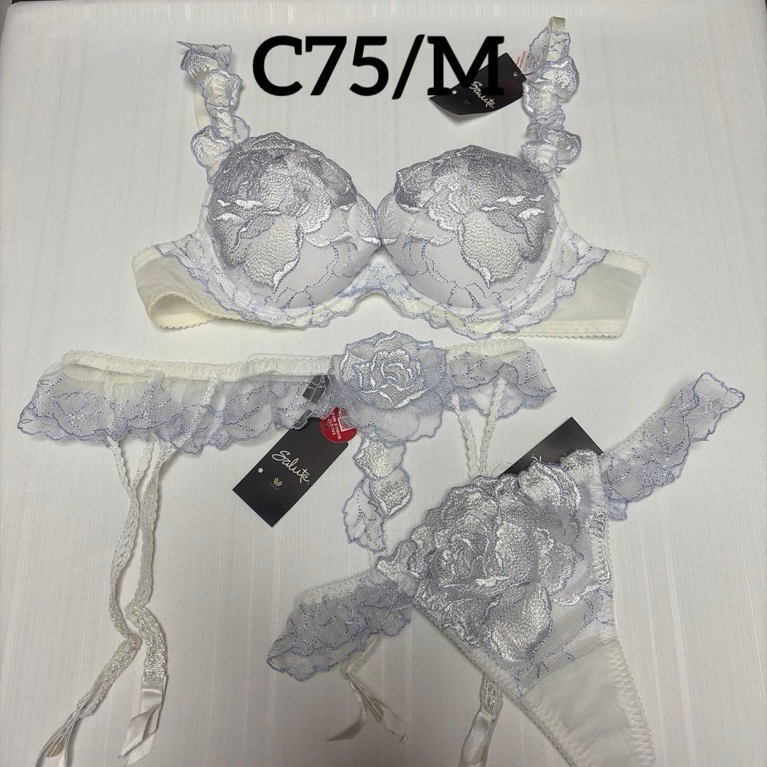 sulute花柄レース ブラジャーショーツガーターセットC75/M（色やけあり）