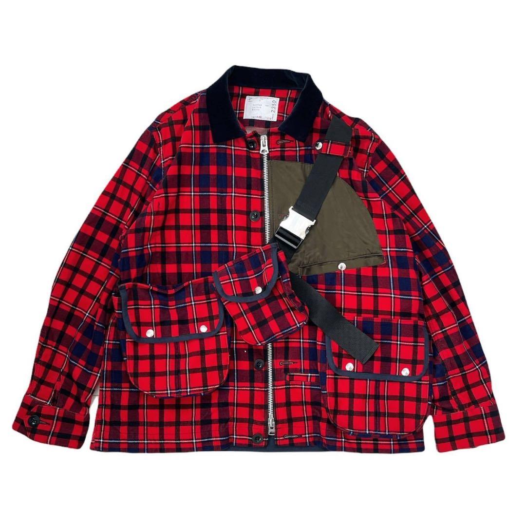 日本製【sacai】チェック柄ワークジャケット　ポーチ付き　2