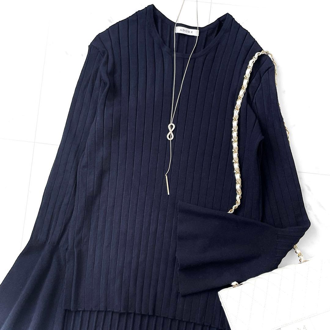 極美品 アドーア フレアスリーブ リブ編み ニットプルオーバー クルーネック