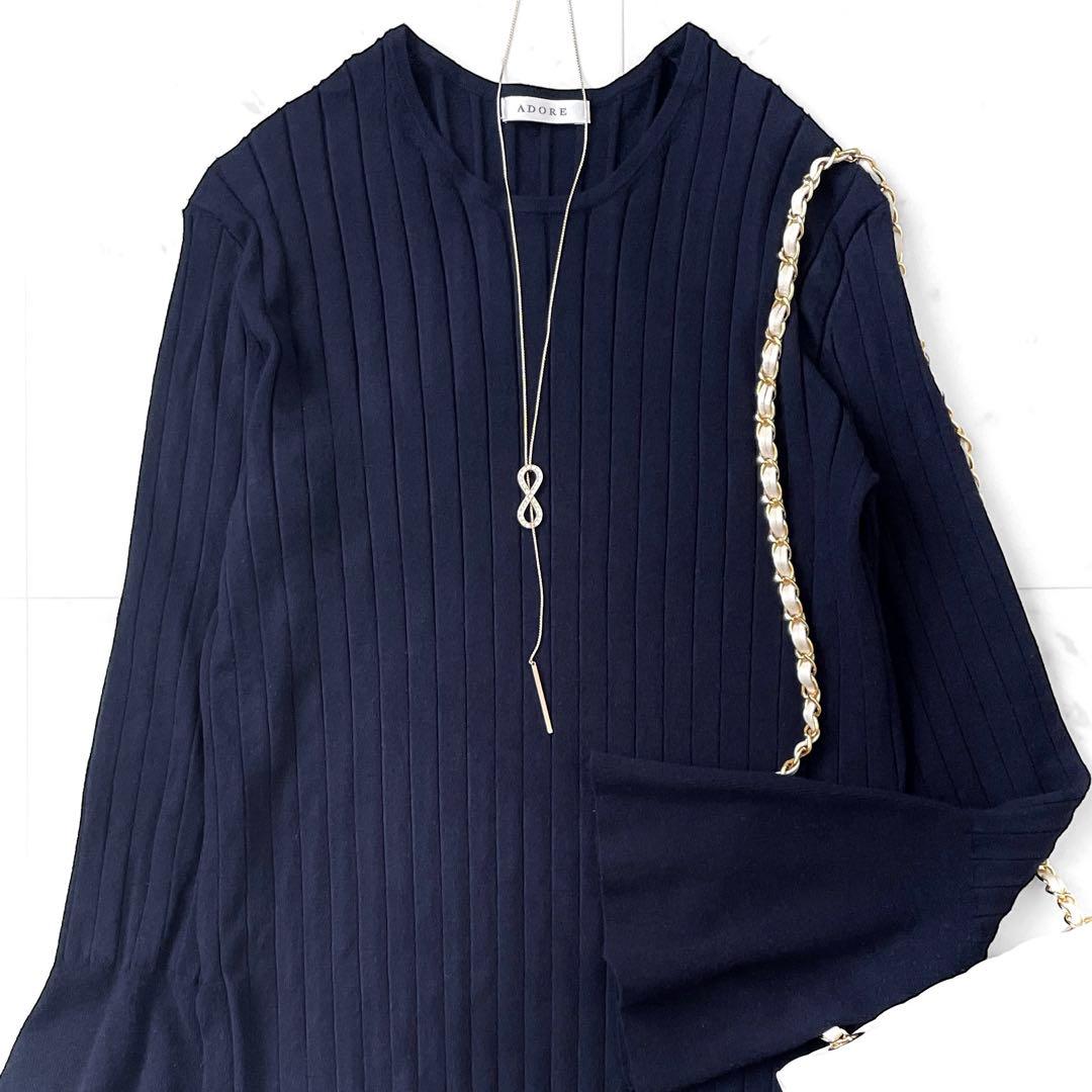 極美品 アドーア フレアスリーブ リブ編み ニットプルオーバー クルーネック