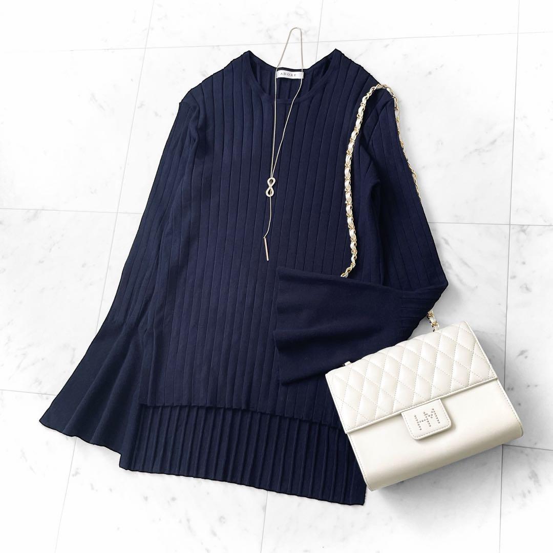 極美品 アドーア フレアスリーブ リブ編み ニットプルオーバー クルーネック