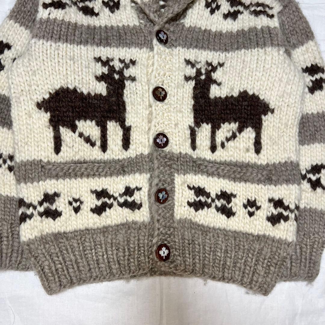カナダ製 カウチンニット L相当 トナカイ柄 貝ボタン 手編み 肉厚 アメカジ