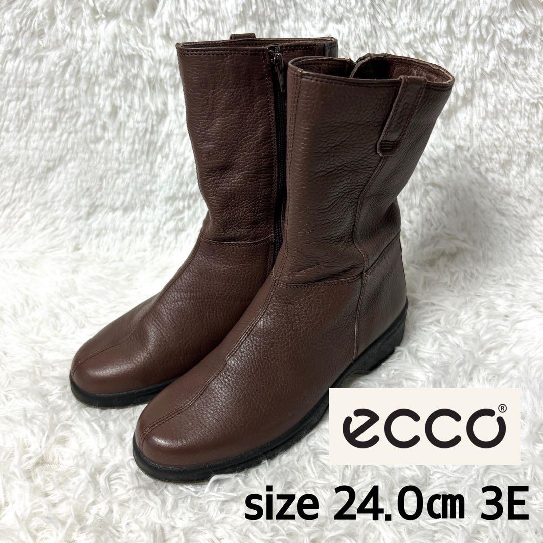 【新品・未使用級】ecco レザーシボ加工ブーツ ブラウン 24cm 3E
