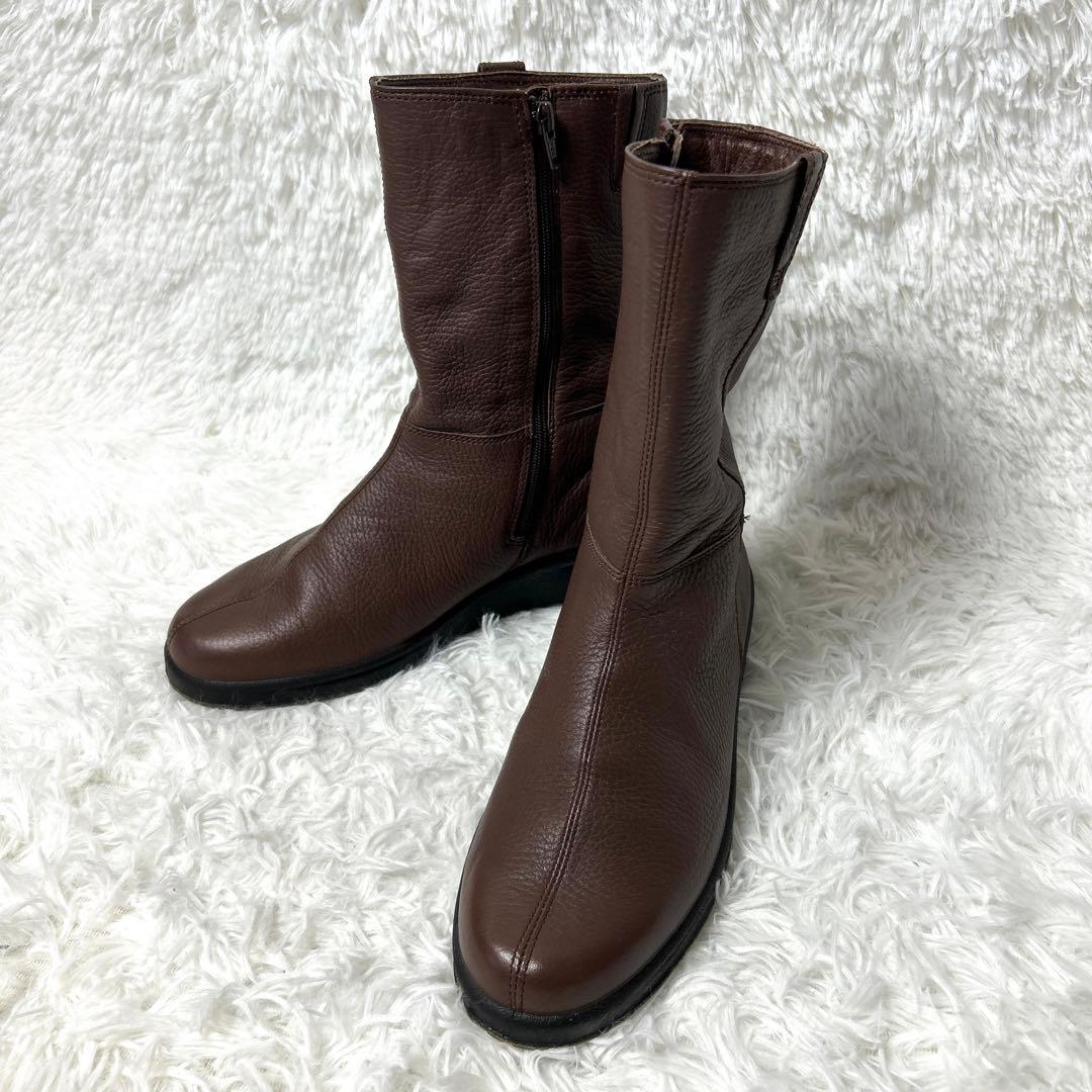 【新品・未使用級】ecco レザーシボ加工ブーツ ブラウン 24cm 3E
