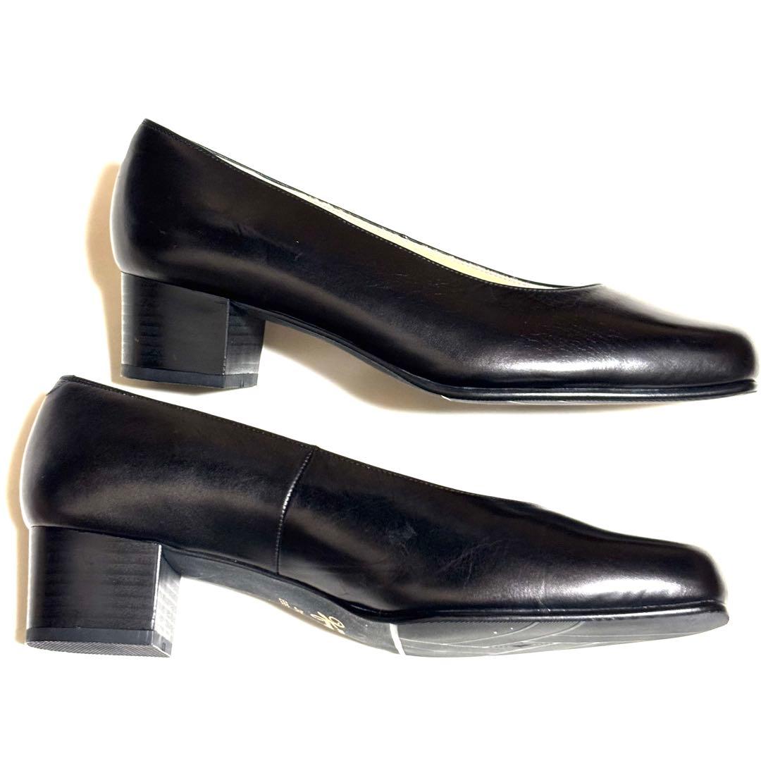 極美品！銀座かねまつ レザー　パンプス　24㎝　EEE 黒　面接　お受験　入学式
