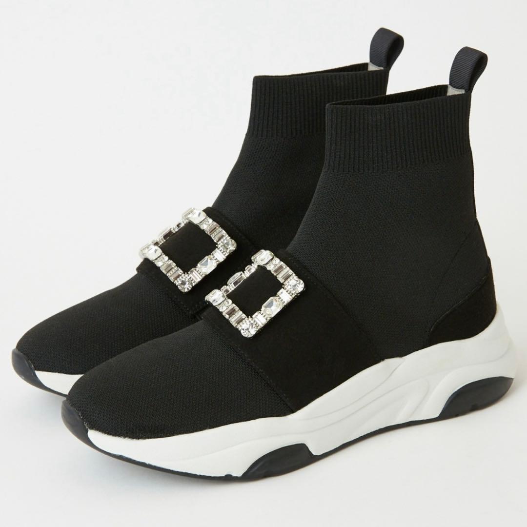 +diana 【ミドル丈】クリスタルバックル ニットソックススニーカー 25.5