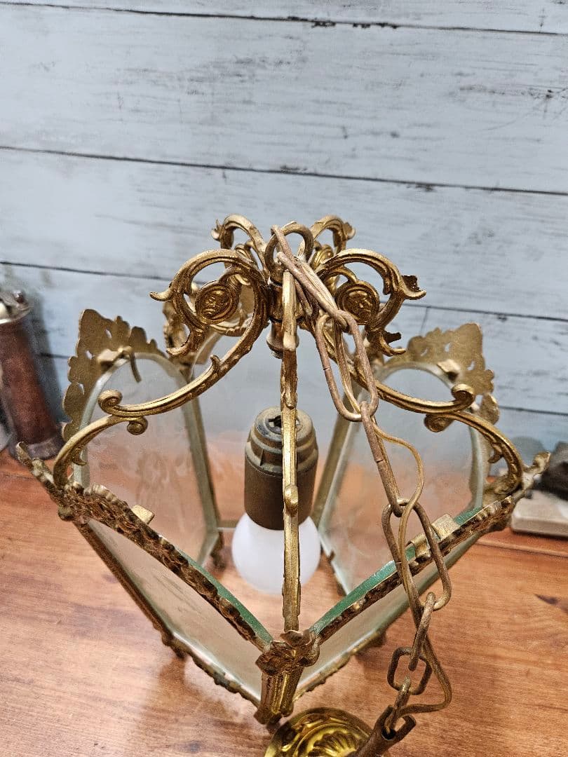 フランスアンティーク 5面ガラスのペンダントライト アールヌーボー 吊り下げ