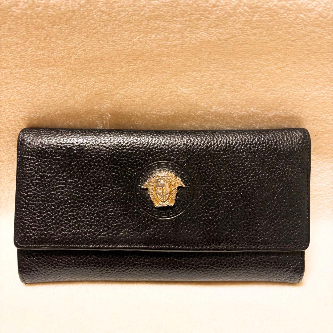 VERSACE ブラック しぼ革レザー 長財布 メタルメドゥーサ付