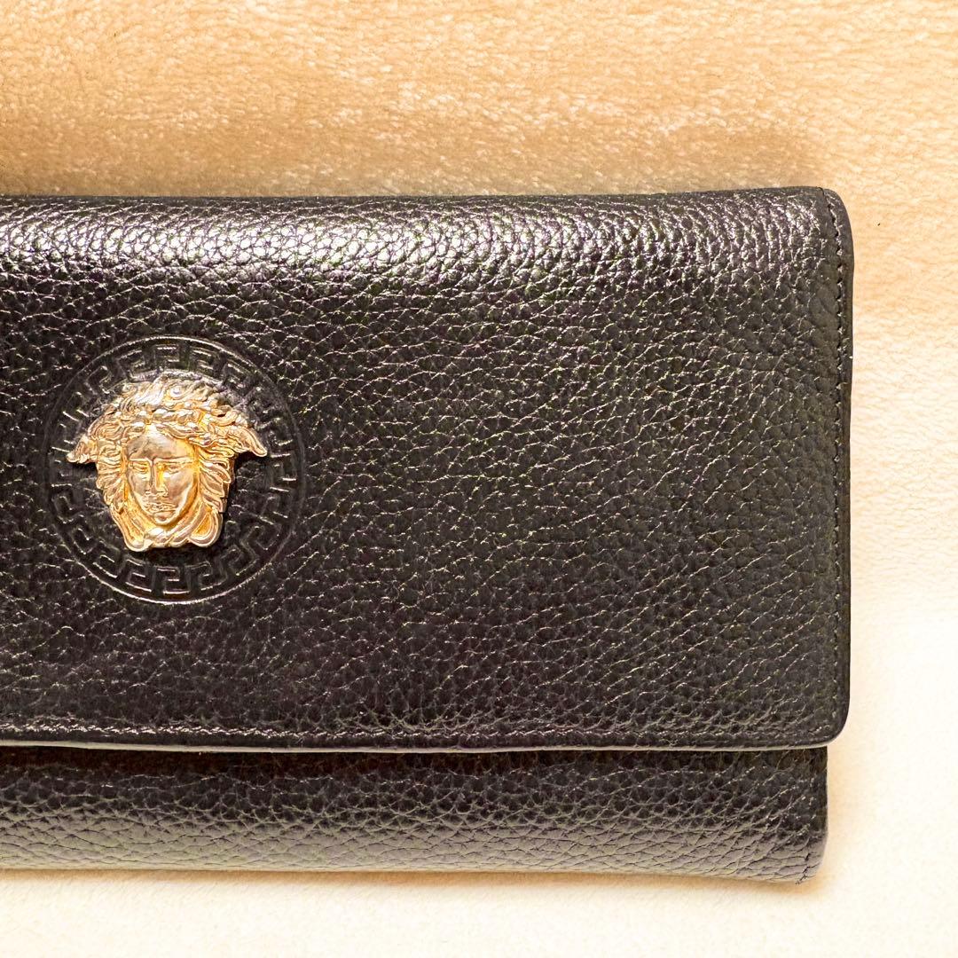 VERSACE ブラック しぼ革レザー 長財布 メタルメドゥーサ付