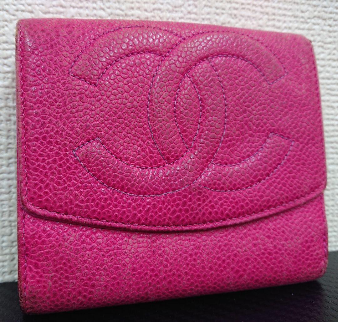 B レア シャネル CHANEL ココマーク キャビアスキン 二つ折り財布