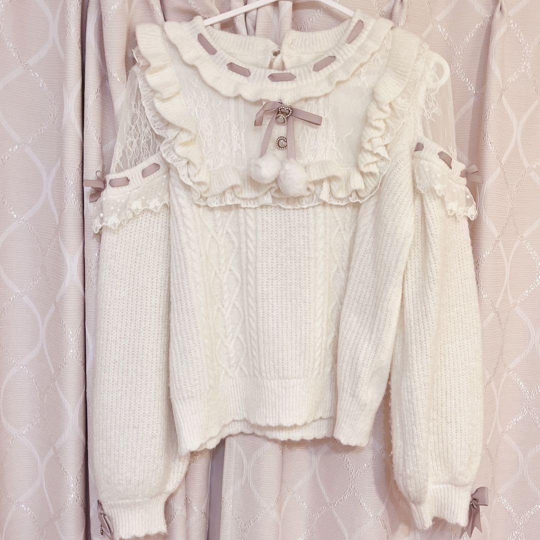 LIZLISA リズリサ ポンポンリボンレースヨークニットトップス 白 レア