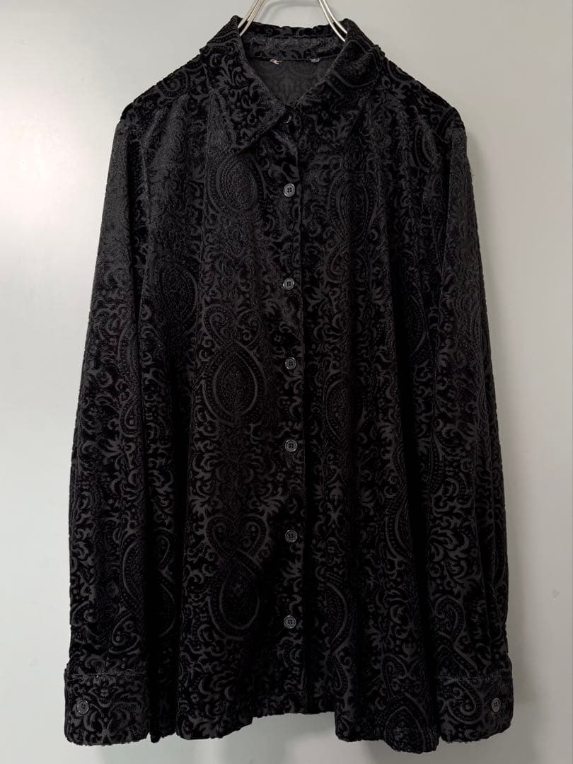 ヴィンテージ 総柄シャツ シースルー ベロア ペイズリー柄 ブラック モード古着