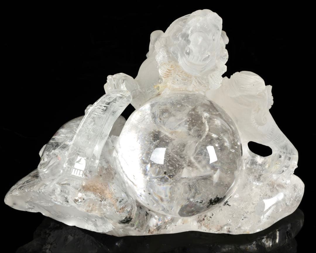 中国美術 水晶玉乗獅子 万事如意刻印 置物 老水晶彫 古水晶 唐物 古美術 骨董
