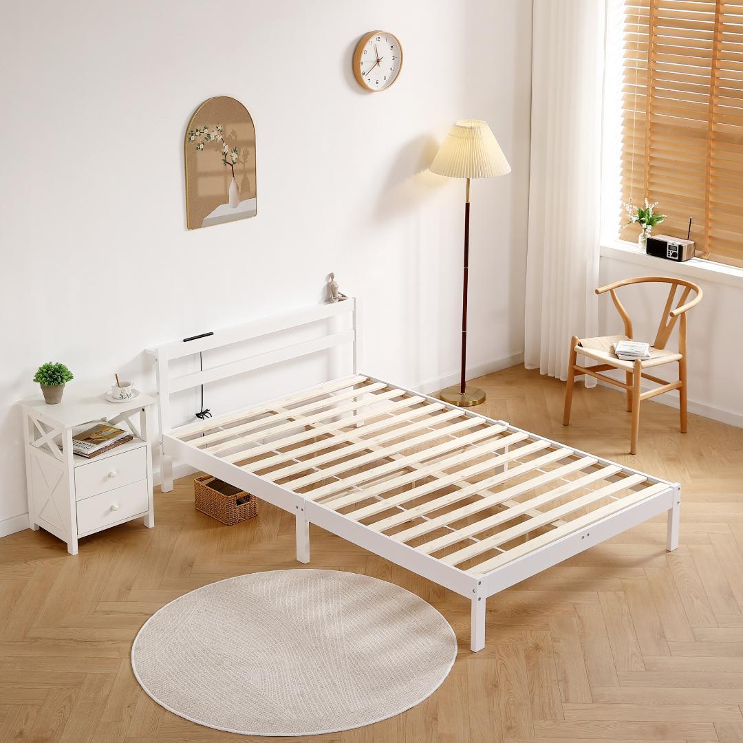 お得セール！10％OFFコンセント付き天然木ベッドフレーム　SD・WHITE