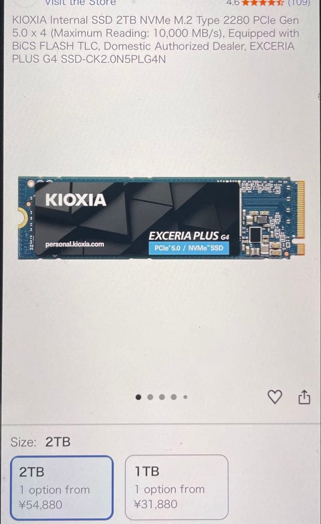 内蔵型SSD KIOXIA EXCERIA PLUS G4 2TB SSD 10000MB/s