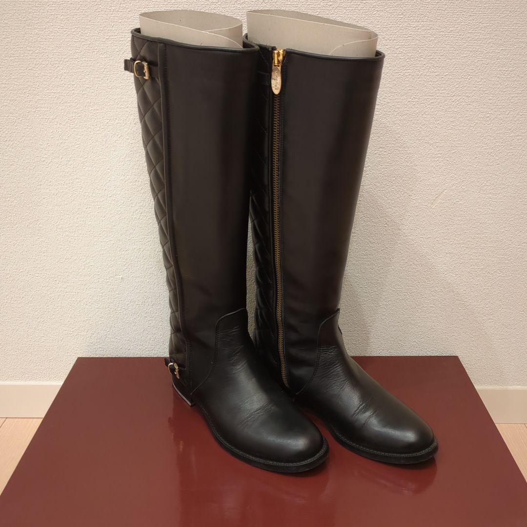 carnet ブラックレザーキルティングロングブーツ 37/24cm