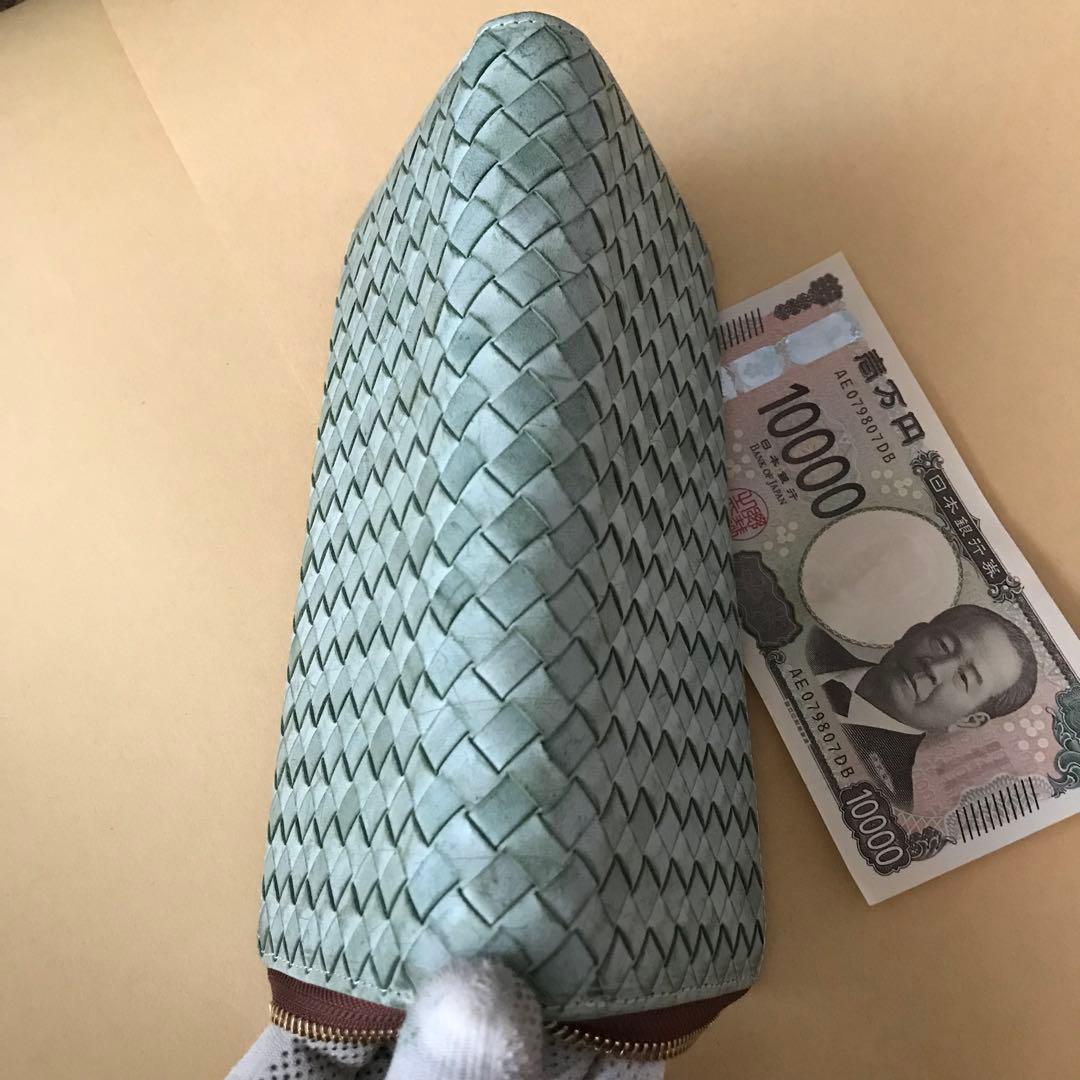 緑　ハンドメイド 新品 ブライドレザー ヌメ革本革 編み込み　メンズ財布　長財布