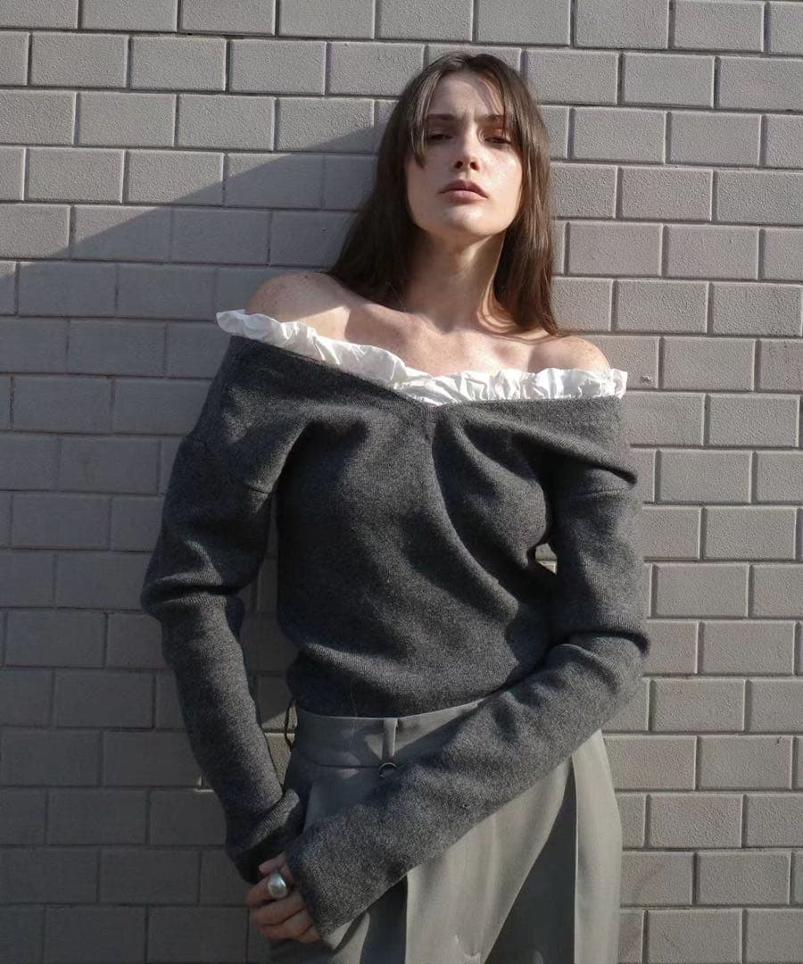 CLANE 2WAY FRILL V NECK KNIT TOPS グレー1