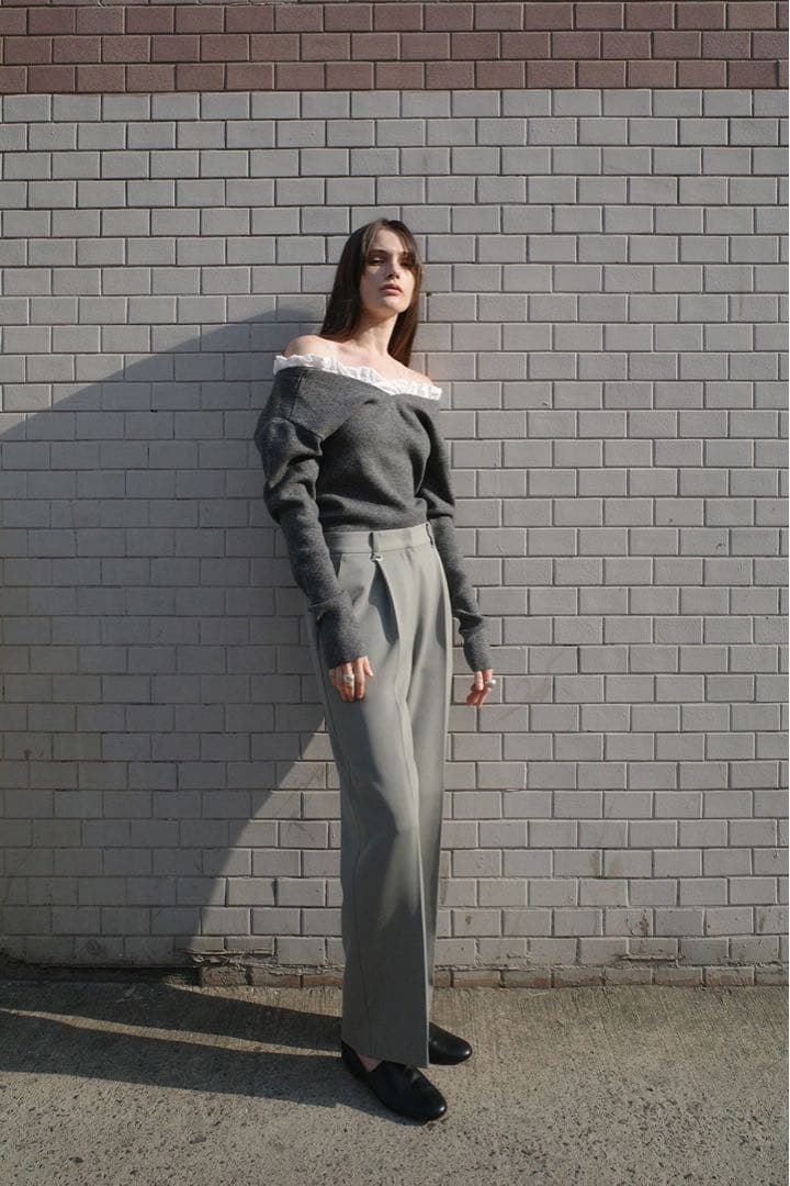 CLANE 2WAY FRILL V NECK KNIT TOPS グレー1