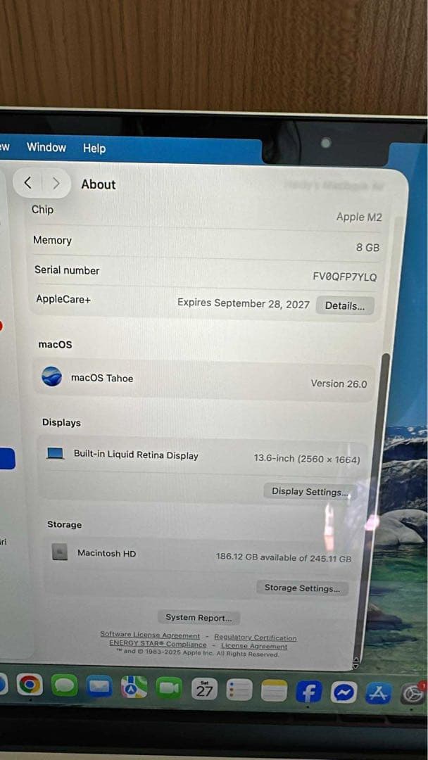 Apple MacBook M2 8GB 13.6インチ本体Applecare+