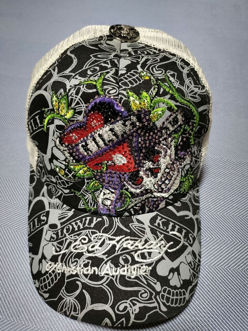 試着程度 Ed Hardy エド・ハーディー スカル刺繍キャップ ラインストーン