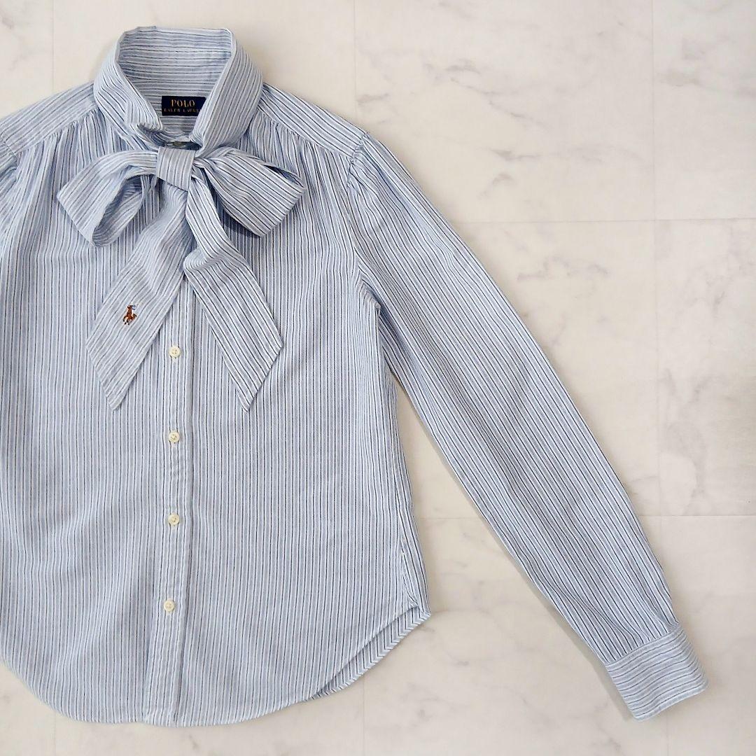 美品 ポロラルフローレン 現行 ボウタイブラウス シャツ ストライプ ポニー刺繍